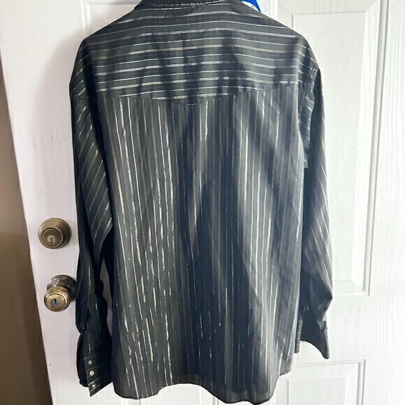 Ely Cattleman Pearl Snap‎ Striped Long Sleeve Black/Gold/Silver Men lg - Picture 2 of 5